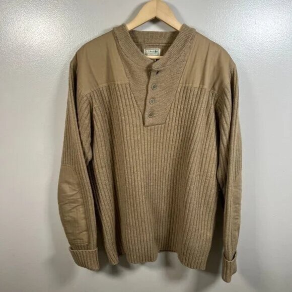 L.L. Bean Commando Merino Wool Sweater Size XL Henley Elbow Patches Brown - Picture 1 of 4